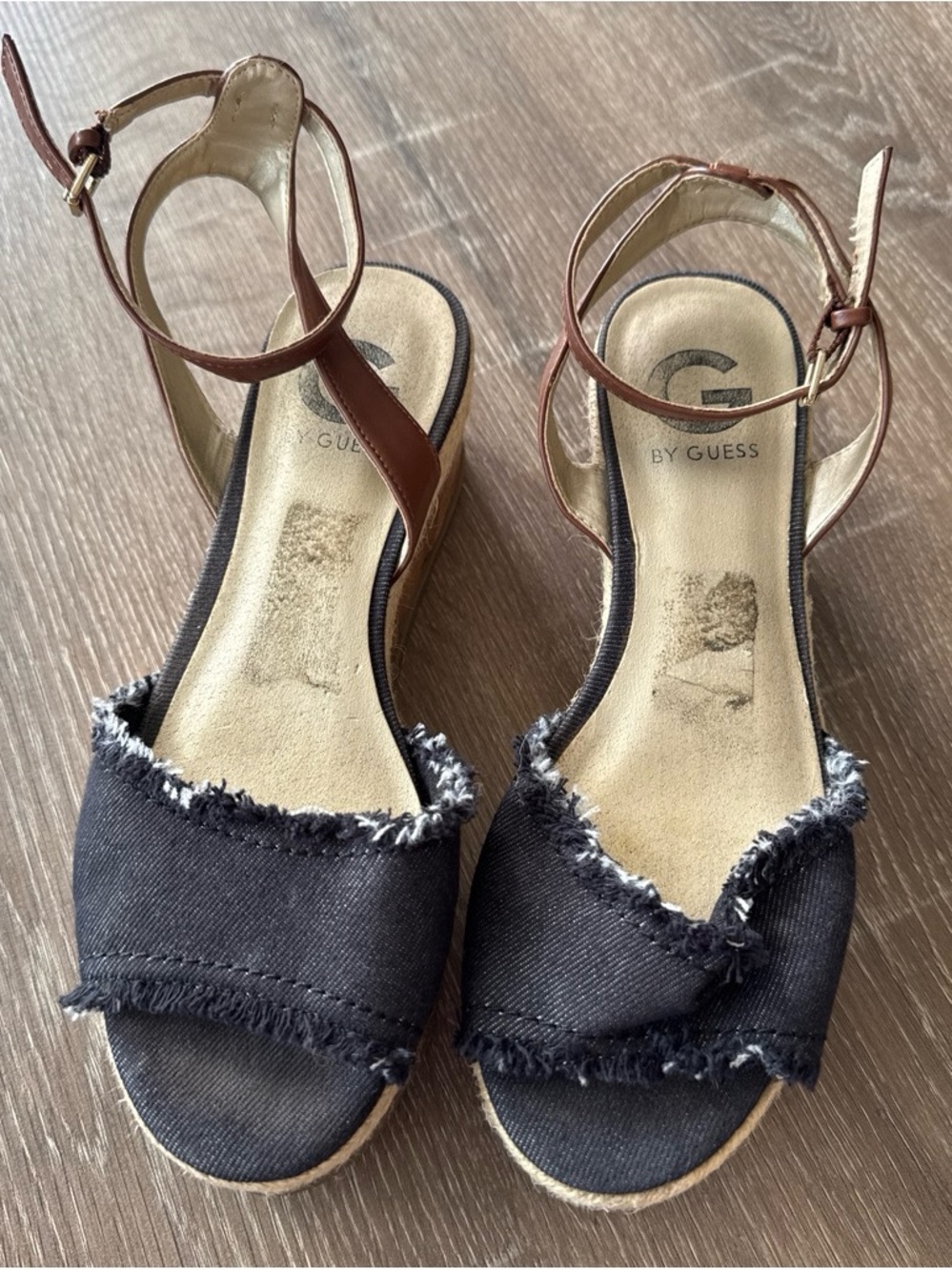 G by Guess Black Fabric Frayed Espadrille Wedge Sandals with Brown Ankle Straps
